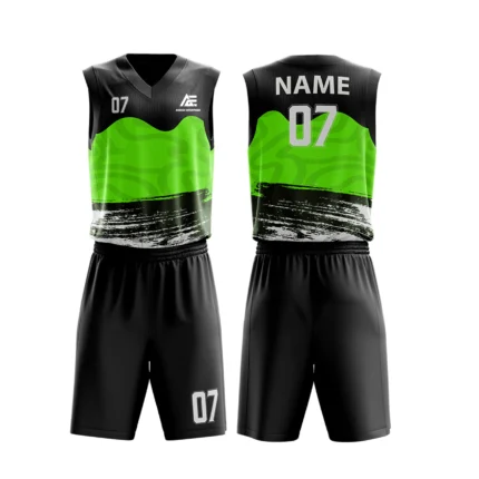 Custom basketball uniform in black with green accents and a textured stripe design.