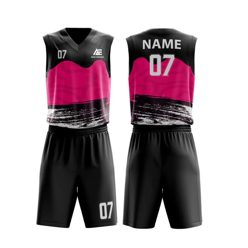 Custom basketball uniform in black with pink accents and a textured stripe design.