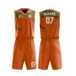 Custom basketball uniform in orange with olive green accents, featuring a minimal curved design.