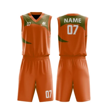 Custom basketball uniform in orange with olive green accents, featuring a minimal curved design.