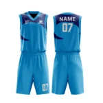 Custom basketball uniform in sky blue with navy accents, featuring a minimal curved design.