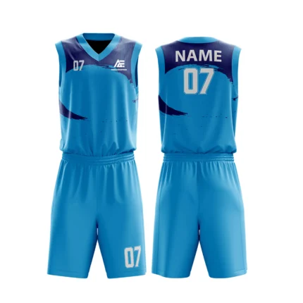 Custom basketball uniform in sky blue with navy accents, featuring a minimal curved design.