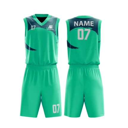 Custom basketball uniform in teal with navy accents, featuring a minimal curved design.