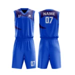Custom basketball uniform in royal blue with Blue accents, featuring a minimal curved design.