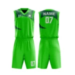 Custom basketball uniform in green with subtle navy accents, featuring a minimal curved design.