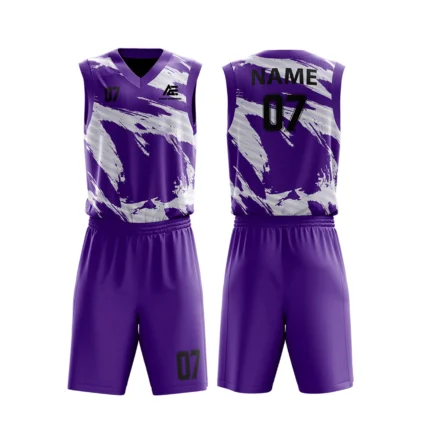 Custom basketball uniform in purple with dynamic white brushstroke pattern, stylish and bold.