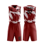 Custom basketball uniform in maroon with dynamic white brushstroke pattern, stylish and bold.