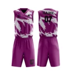Custom basketball uniform in magenta with dynamic white brushstroke pattern, stylish and bold.