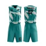 Custom basketball uniform in teal with dynamic white brushstroke pattern, stylish and bold.