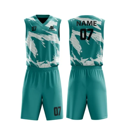 Custom basketball uniform in teal with dynamic white brushstroke pattern, stylish and bold.