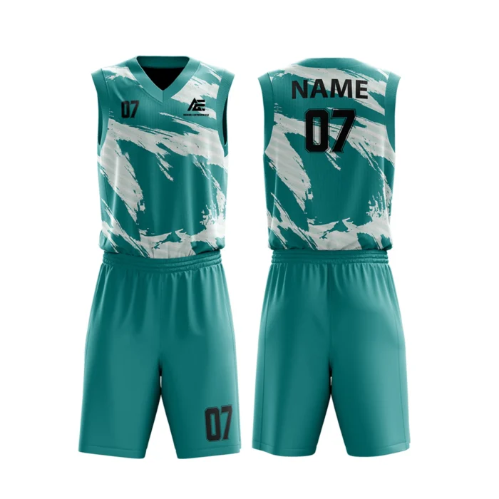 Custom basketball uniform in teal with dynamic white brushstroke pattern, stylish and bold.