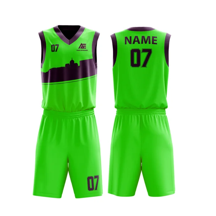 Custom basketball uniform in green with cityscape design, vibrant and modern.