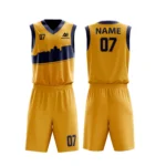 Custom basketball uniform in yellow with cityscape design, vibrant and modern.