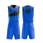 Custom basketball uniform in blue with cityscape design, vibrant and modern.