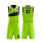 Custom basketball uniform in lime with cityscape design, vibrant and modern.