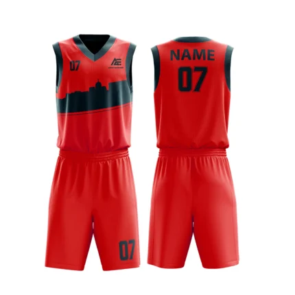 Custom basketball uniform in red with cityscape design, vibrant and modern.