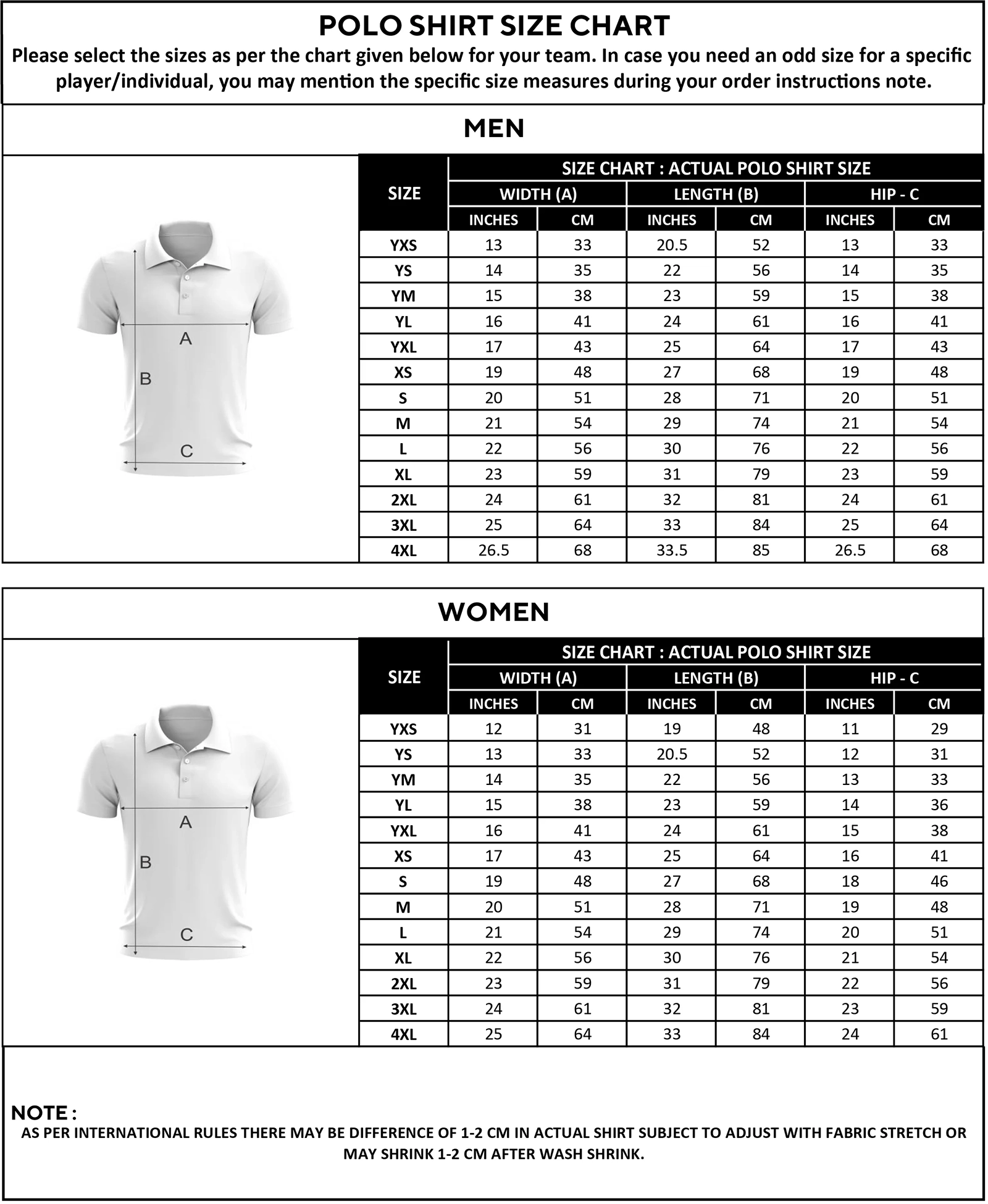 Polo shirt size chart for men and women, including chest, length, and shoulder measurements for a range of sizes.