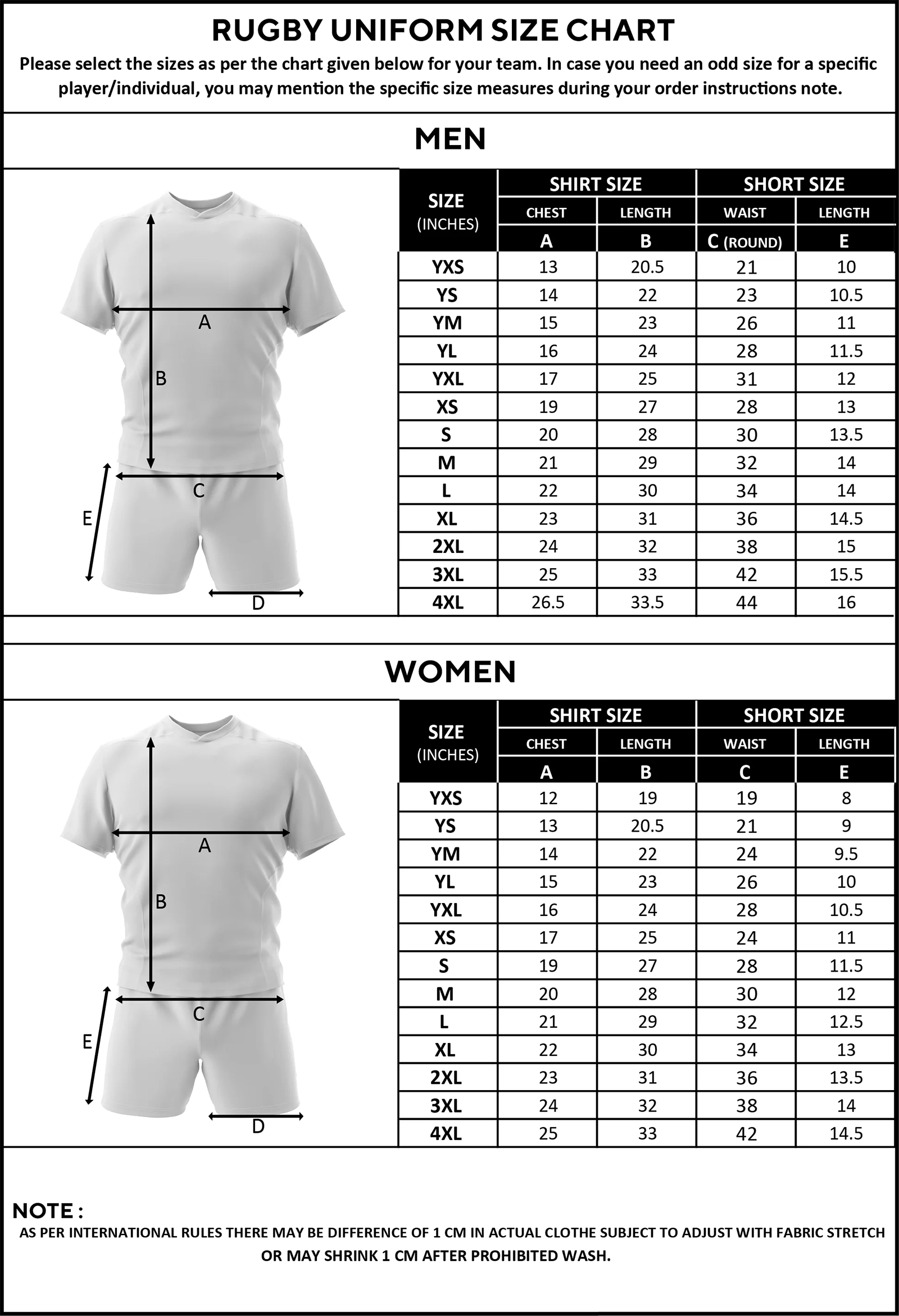 Rugby uniform size chart for players, including chest, length, waist, and inseam measurements.
