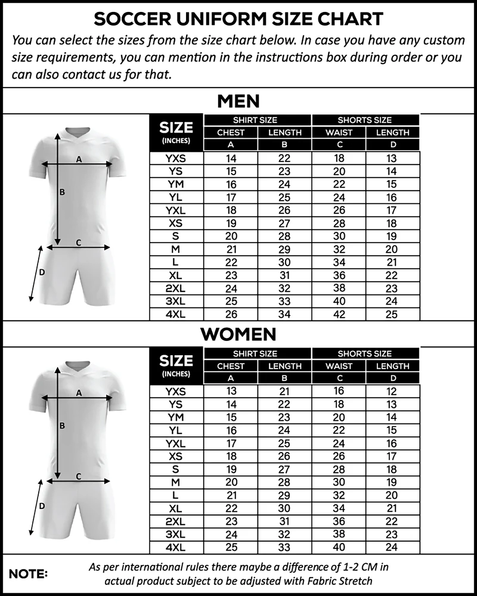 Soccer uniform size chart with measurements for chest, length, waist, and inseam in various sizes.