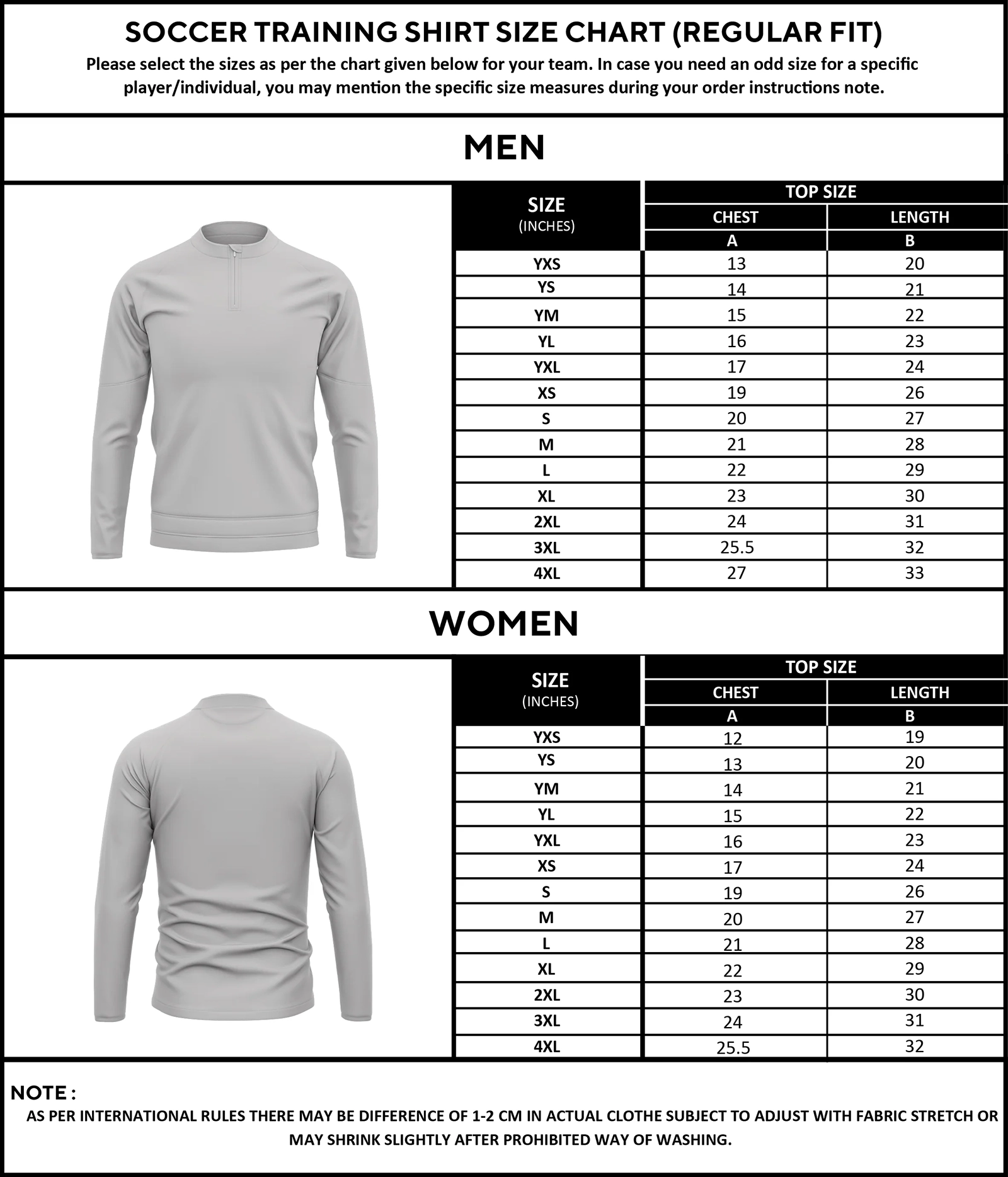 Soccer training shirt size chart with chest, length, and sleeve measurements in inches.