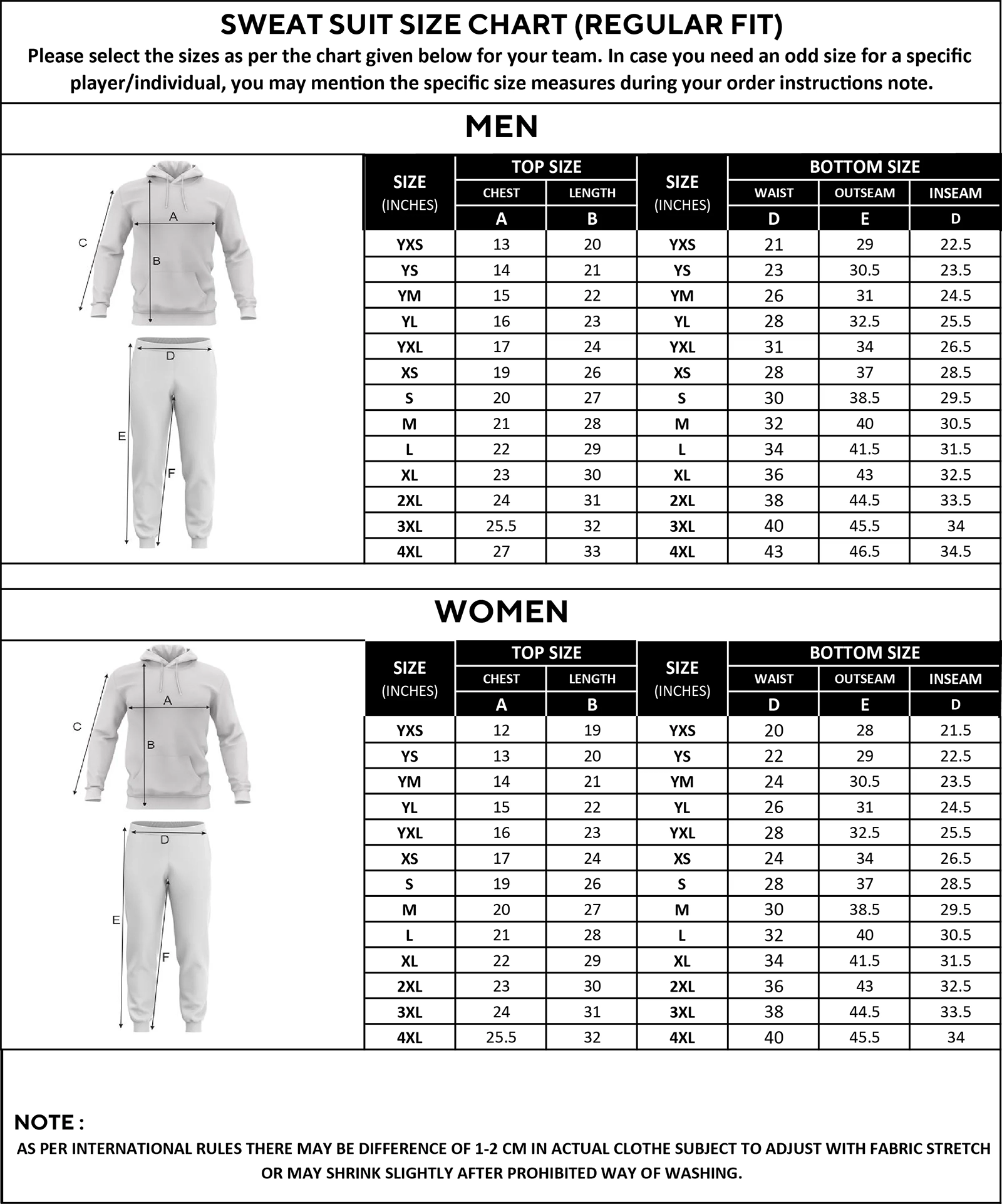Sweat suit size chart for men and women, including chest, length, waist, and inseam measurements.