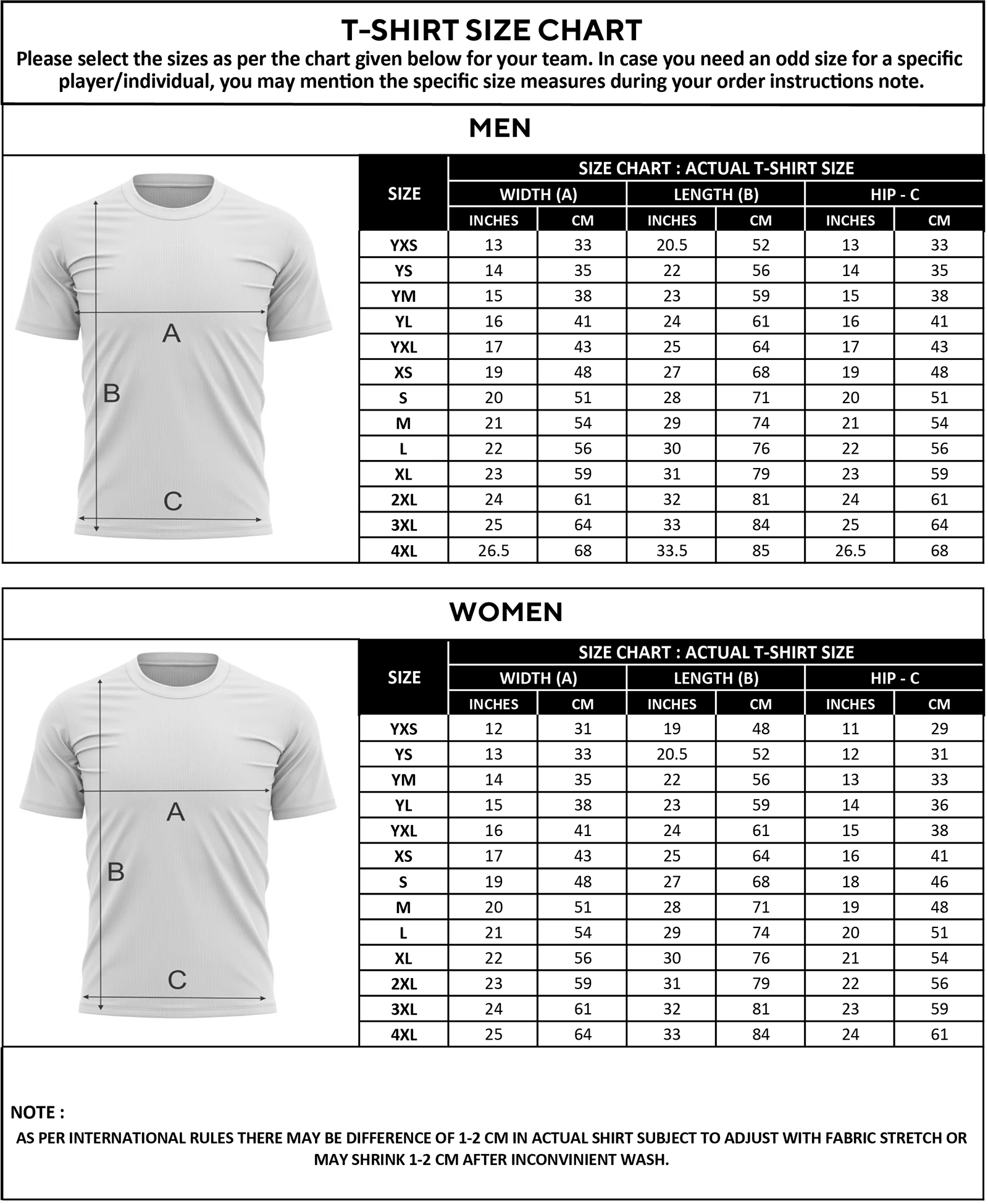 "T-shirt size chart for adults and kids, with chest, length, and sleeve measurements.