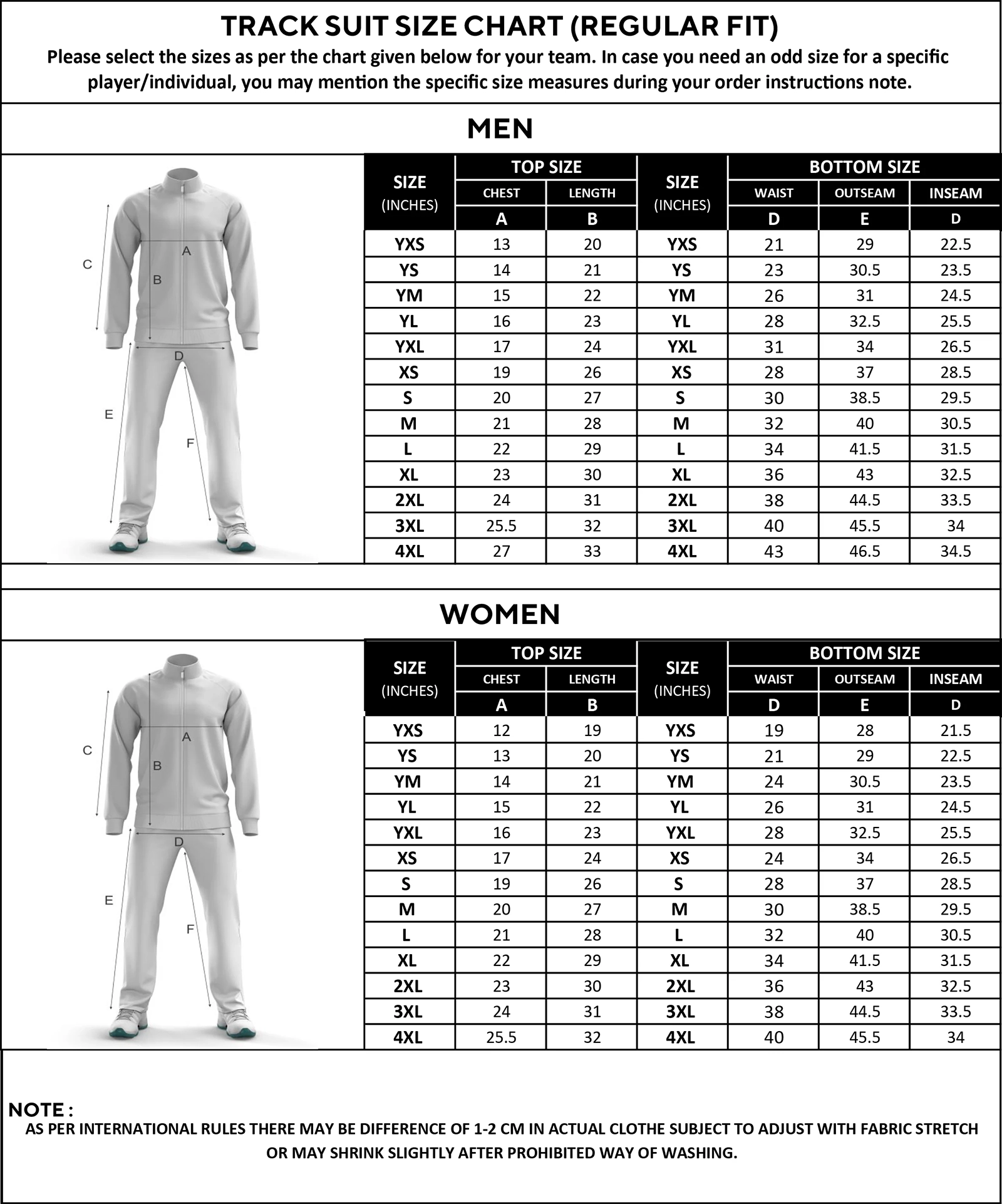 Track suit size chart featuring measurements for top and bottom, including chest, length, waist, and inseam.