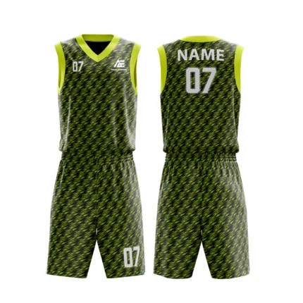 Custom basketball uniform in black and yellow with a textured houndstooth pattern, front and back views.