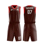 Custom basketball uniform in black and red with a textured houndstooth pattern, front and back views.