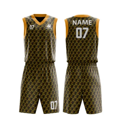 Custom basketball uniform in black and Orange with a textured houndstooth pattern, front and back views.