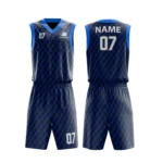 Custom basketball uniform in black and blue with a textured houndstooth pattern, front and back views.