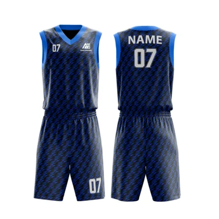 Custom basketball uniform in black and blue with a textured houndstooth pattern, front and back views.