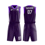 Custom basketball uniform in black and purple with a textured houndstooth pattern, front and back views.
