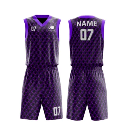Custom basketball uniform in black and purple with a textured houndstooth pattern, front and back views.
