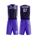Custom basketball uniform in black and purple with a camouflage-inspired texture, front and back views.