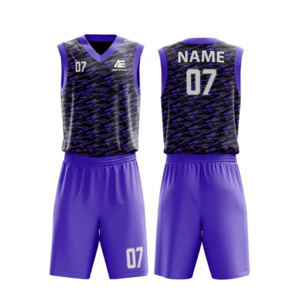 Custom basketball uniform in black and purple with a camouflage-inspired texture, front and back views.