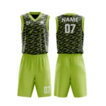 Custom basketball uniform in black and lime green with a camouflage-inspired texture, front and back views.
