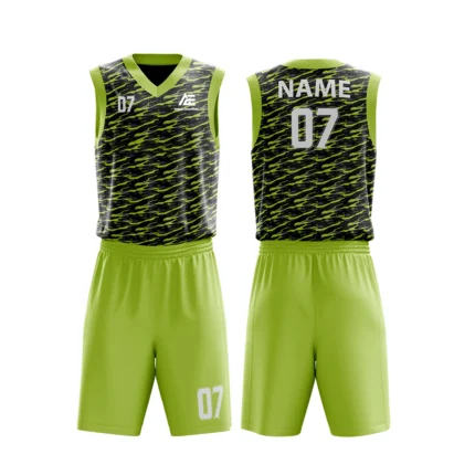 Custom basketball uniform in black and lime green with a camouflage-inspired texture, front and back views.