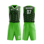 Custom basketball uniform in black and green with a camouflage-inspired texture, front and back views.
