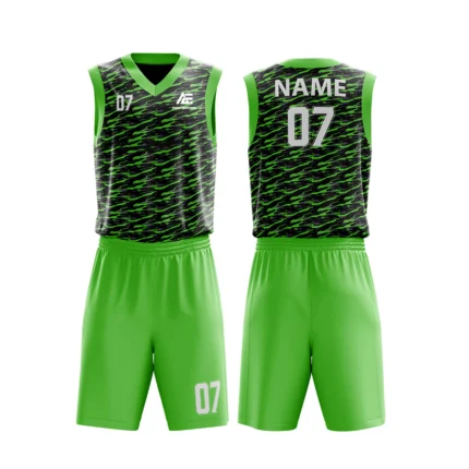 Custom basketball uniform in black and green with a camouflage-inspired texture, front and back views.