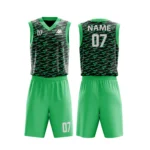 Custom basketball uniform in black and neon green with a camouflage-inspired texture, front and back views.