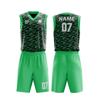 Custom basketball uniform in black and neon green with a camouflage-inspired texture, front and back views.
