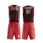 Custom basketball uniform in black and red with a camouflage-inspired texture, front and back views.