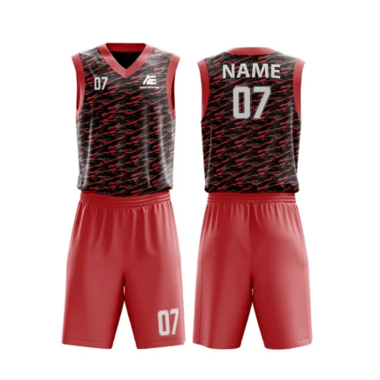 Custom basketball uniform in black and red with a camouflage-inspired texture, front and back views.