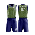 Custom basketball uniform in navy blue and lime green with a dynamic diagonal line pattern, front and back views.