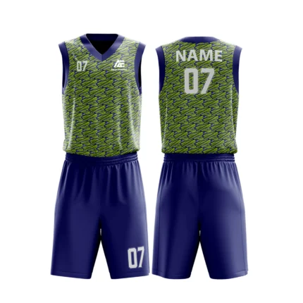 Custom basketball uniform in navy blue and lime green with a dynamic diagonal line pattern, front and back views.