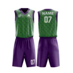 Custom basketball uniform in purple and green with a dynamic diagonal line pattern, front and back views.