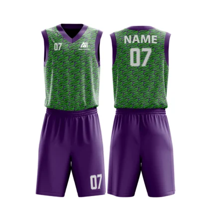 Custom basketball uniform in purple and green with a dynamic diagonal line pattern, front and back views.