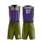 Custom basketball uniform in olive green and purple with a dynamic diagonal line pattern, front and back views.