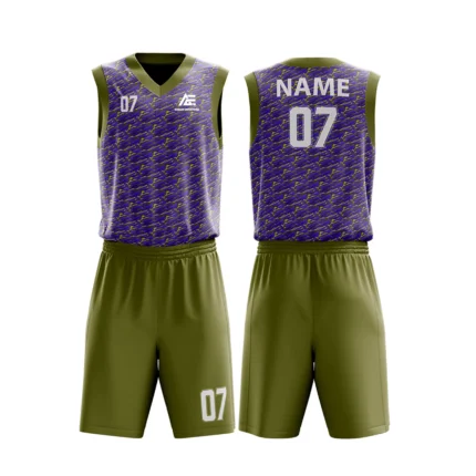 Custom basketball uniform in olive green and purple with a dynamic diagonal line pattern, front and back views.